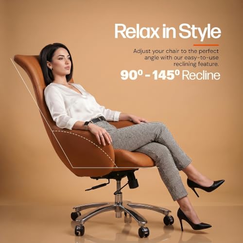 Image of DROGO Calista Ergonomic Office Chair for Work & Home with Premium Vegan Leather | Executive Boss Chair with 5 Cm Seat Depth Adjustment | 3-Point Tilt Recline Lock | Heavy Duty Metal Base (Tan)