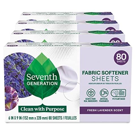 Seventh Generation Dryer Sheets Fabric Softener Fresh Lavender Scent with 100% Essential Oils and Botanical Ingredients 80 Sheets (Pack of 4) Cover