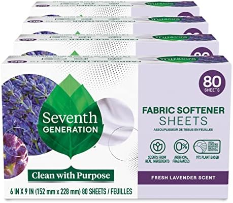 Seventh Generation Dryer Sheets Fabric Softener Fresh Lavender Scent with 100% Essential Oils and Botanical Ingredients 80 Sheets (Pack of 4)