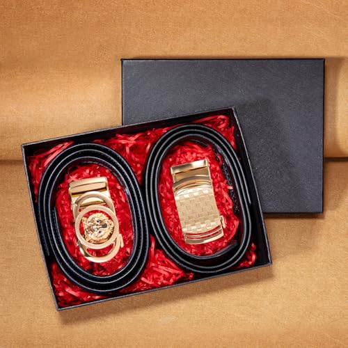 Image of Barry.Wang Mens 2 Pack Ratchet Belts Leather Adjustable 1 3 /8 inch Gift Box | Smooth Sliding,Trim to Fit,Click Belt Set for Dress Casual,Fashion Classic,Business,Birthday,Anniversary,Halloween,Christmas