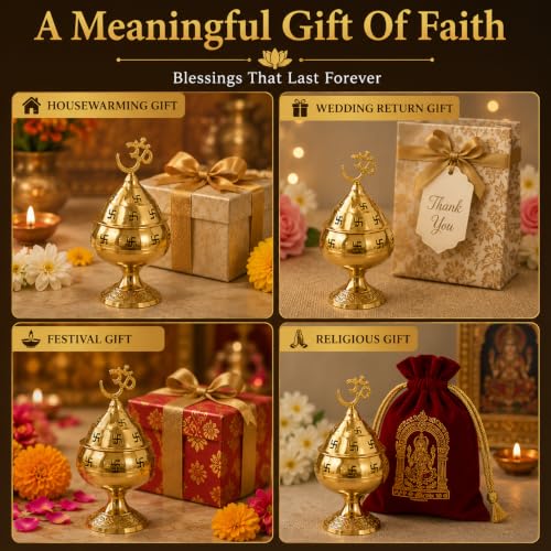 Image of Brass Pooja Diya with Om Top | Traditional Akhand Jyot Deepam, Temple Decor & Diwali Decoration, Brass Oil Lamp, 4.5 x 3 x 3 cm