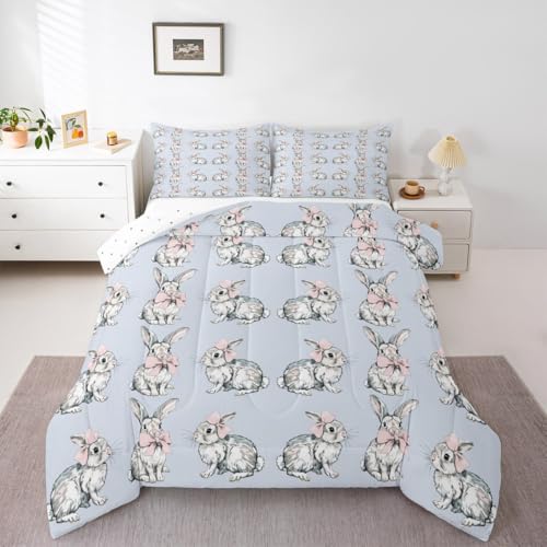 Erosebridal Rabbit Bow Comforter Set Gray Bunny Bedding Set for Girls Pink Bowknot Quilt,Queen Cute Rabbit Room Decor,Coquette Princess Duvet Insert Blue