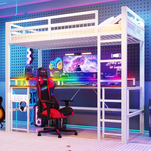 Yihomfy Lit Mezzanine 90x200 cm avec Bureau, Structure en Fer Noir, Bande LED Changeable, Lit Superposé Enfant, Panneau Perforé, Lit Loft avec Prises USB et...