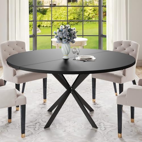 RLRO 47.24" Round Dining Table for 4-6 Person, Round Kitchen Table with Wood Top, Circle Dinner Pedestal Tables with Metal Legs for Dining Room Kitchen (Black)