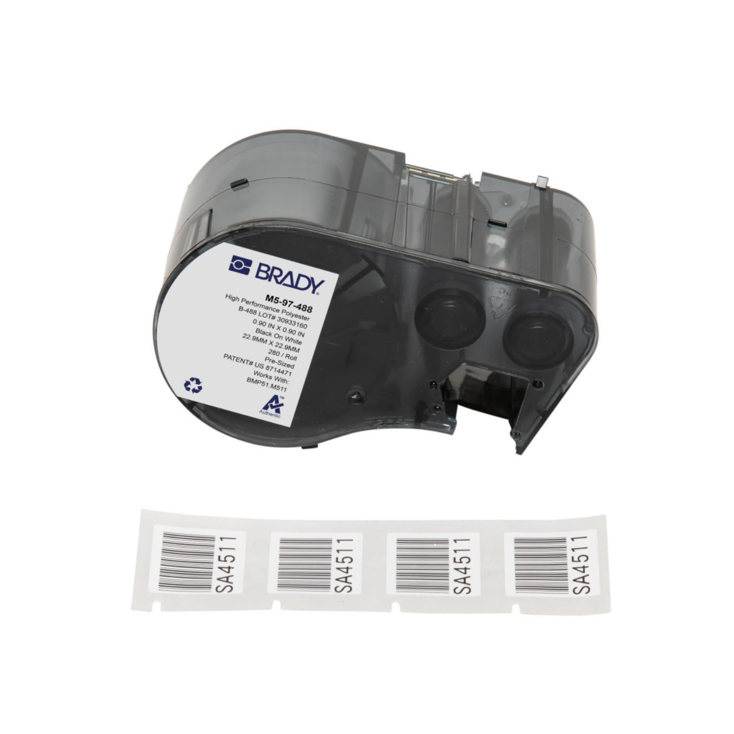 Brady Authentic (M5-97-488) Solvent Resistant Polyester Labels 0.9 in H x 0.9 in W Black on White, 280 Labels. for use with The BMP51 and M511 Label