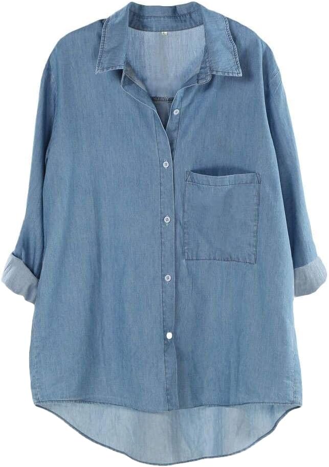 Women's Long Sleeve Shirts Button Down Blouse Cotton Tunic High Low Tops