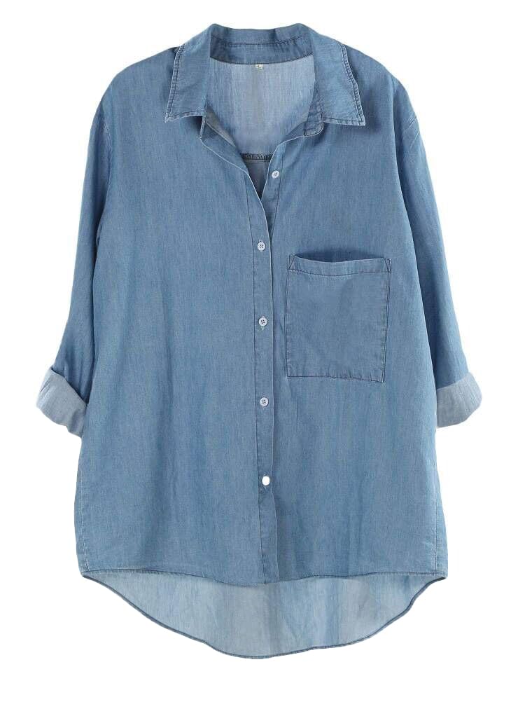 Women's Long Sleeve Shirts Button Down Blouse Cotton Tunic High Low Tops