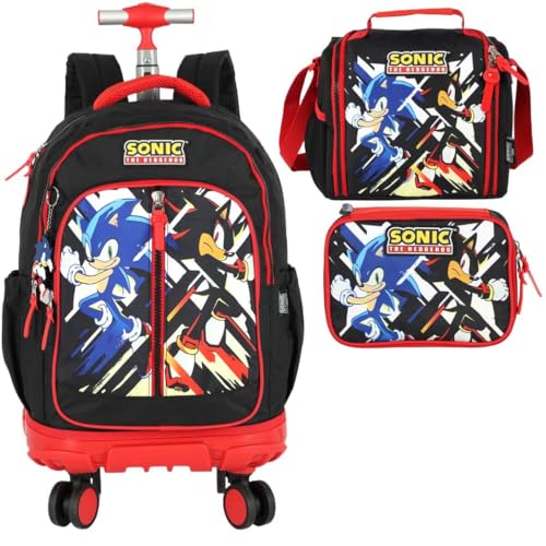 Mochila Infantil Rodinha Sonic com Lancheira e Estojo 100 Pens Vermelho