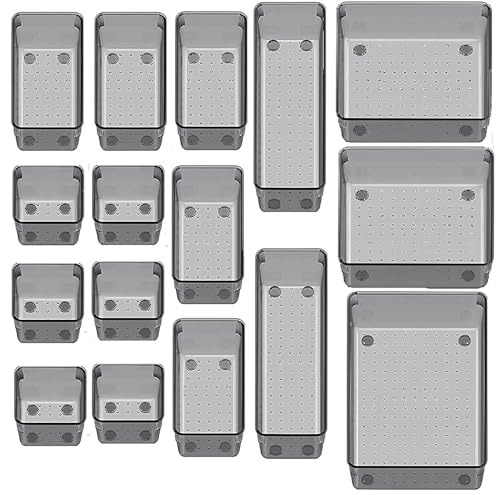 Image of Kienlix Desk Drawer Organizers Trays Set Clear Plastic Storage Bins Bathroom Drawer Tray Dividers Vanity Trays Organizer for Bedroom Dresser Makeup Kitchen Utensil Office (16pc Set (Black))