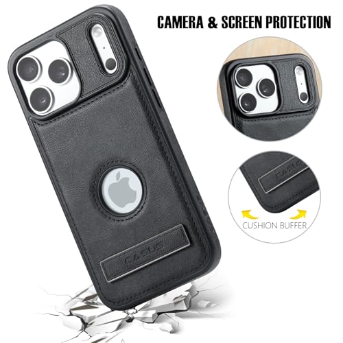 Image of Casus Designed for iPhone 17 Pro Case Compatible with MagSafe Kickstand Vegan Leather Slim Classic Luxury Elegant Thin Protective Cover with Tempered Glass Screen (2025) 6.3 inch - Black