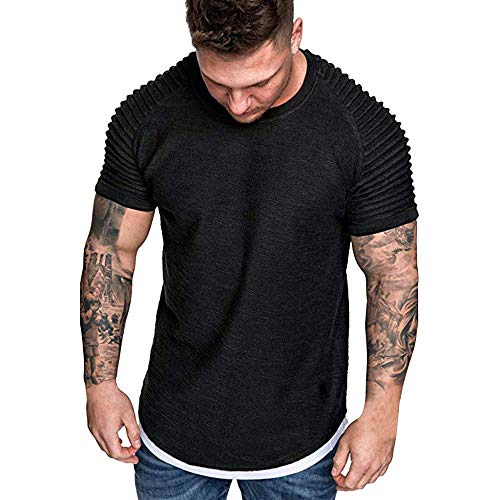 VJGOAL Color s�lido de la Moda de Verano de los Hombres Pliegues Delgado patr�n de Manga Corta Cuello Redondo Top Casual Camiseta de los Hombres(x-Large,Negro)