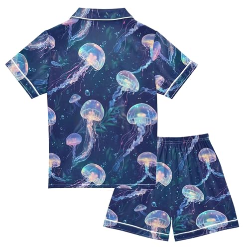 Colorful Jellyfish Ocean Sea Summer Pajamas Set Soft Satin Pjs Sets 2 Piece Short Sleeve Sleepwear Casual Clothes2