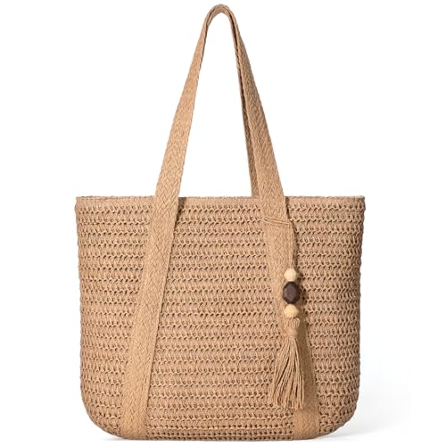 Image of Pleneal Straw Beach Bags for Women - Women Beach Handmade Woven Tote Bag, Summer Mesh Hollow Shoulder Bag for Holiday