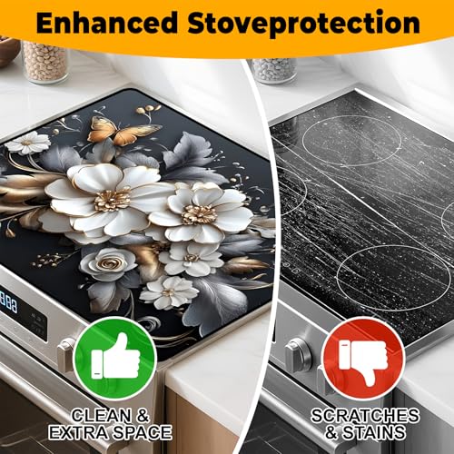Image of White flower Stove Top Cover Retro Flower Gas Stove Top Cover for Home Decoration Kitchen Pad Non-Stick Washable Cooktop Covers Countertop Protector Keep Stove Clean 28 inchx20 inch