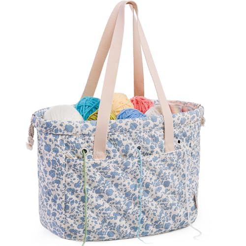 MYBAGZING Portable Crochet Bag Organizer with Crochet Hook Organizer Roll Quilted Yarn Storage Tote with Grommets Knitting Project Bag for Yarn & Accessories Floral Craft Tote Gift for Crocheters