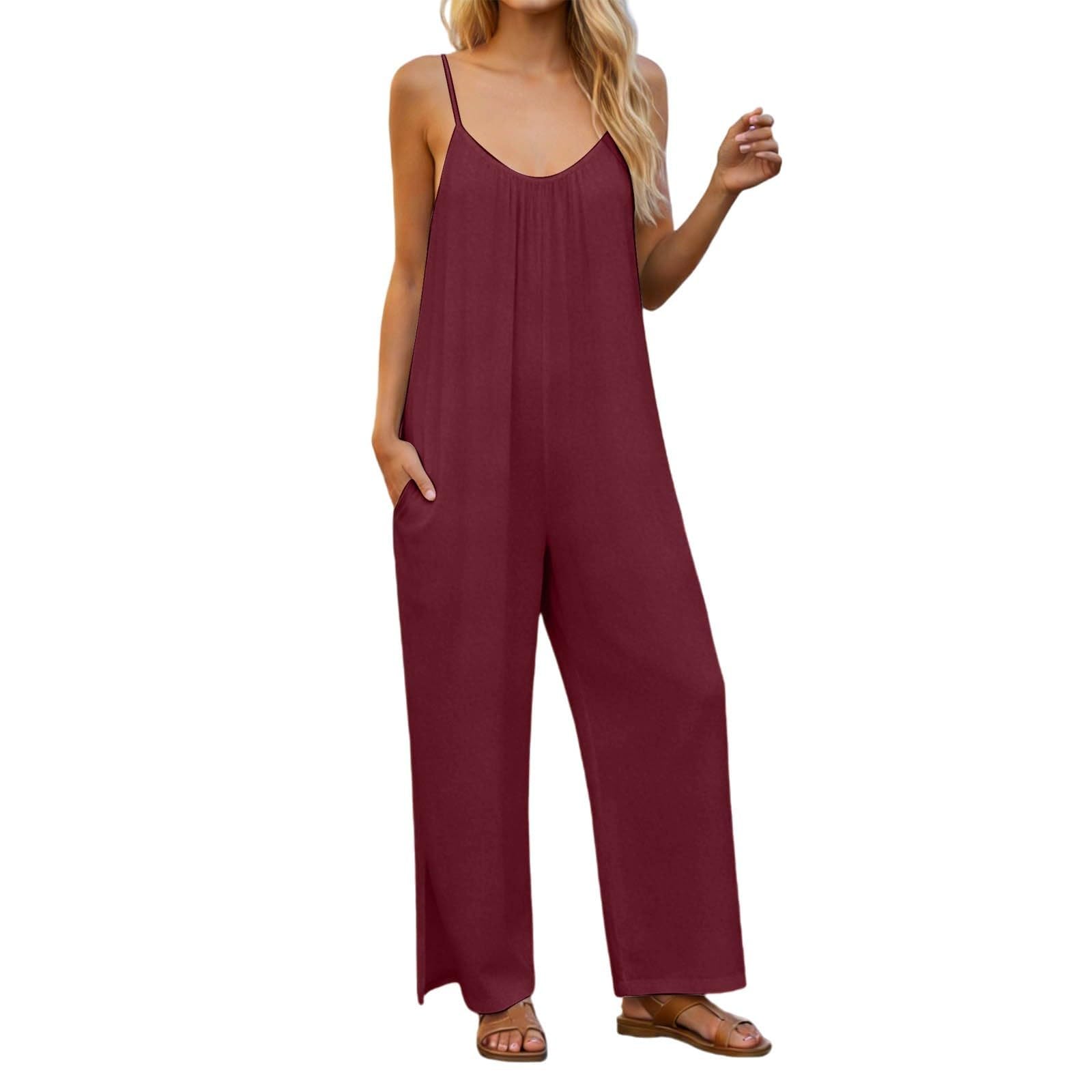 Tuta estiva da donna, stile boho, con tasche, elegante | Tuta intera con schiena scoperta, gamba larga, larga, salopette, casual, per le vacanze