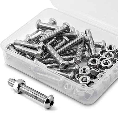 (30 sets) M6-1.0 x 30 mm Hex Socket Screws and Nuts Set 304 Stainless Steel 18-8 Round Head Screws, Silver, M6 x 30mm