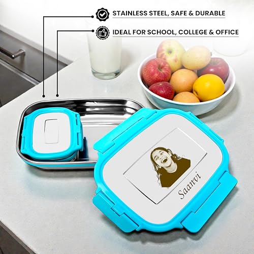 Image of SAVRI Personalized Kids Stainless Steel Lunch Box Blue- Customized Photo & Name Laser Printed Tiffin Box | Leakproof School Snack Storage for Boys & Girls | Birthday Return Gift, Daycare & Picnic Use