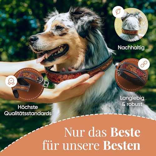 MICHUR Flora Hundehalsband Leder, Lederhalsband Hund, Halsband, SCHWARZ Rot Braun, Leder, mit roten Blumenmuster, in verschiedenen Größen erhältlich