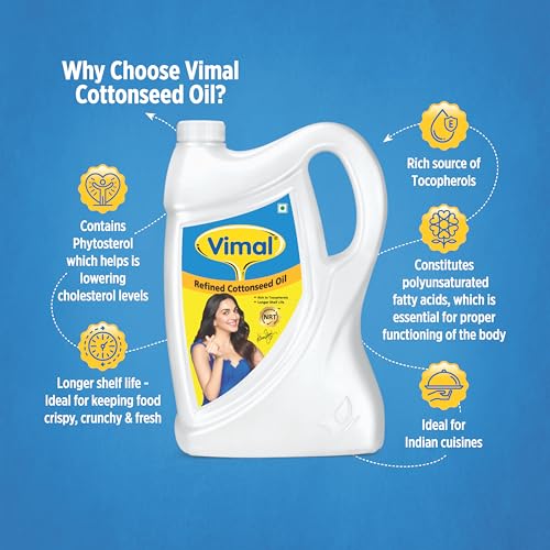 Image of Vimal Cottonseed Oil: Healthy Kapasiya Tel, Refined Cooking Oil for Balanced Diet | Pure Cottonseed Oil, High Smoke Point (5L)