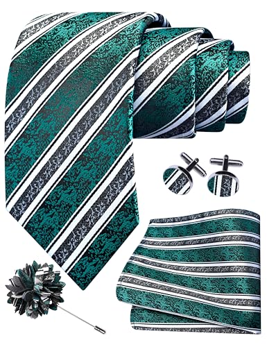 Image of GUSLESON 3.15 inch（8cm） Mens Stripe Tie and Lapel Pin Necktie Hankerchief Cufflinks Set for Men