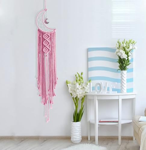 Miniatura 6 de Atrapasueños Atrapasueños Rosa para Dormitorio de Niñas Decoración de Pared para Mujeres, Atrapasueños de Luna con Luz, Atrapasueños de Macramé