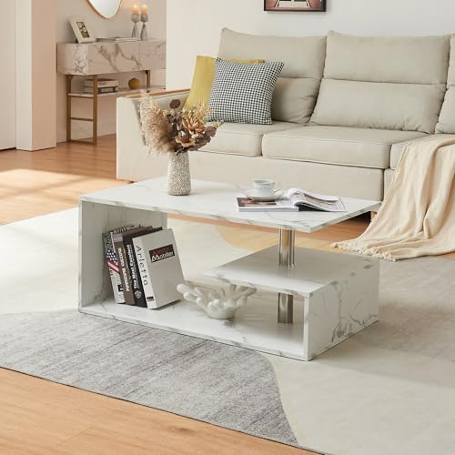 [en.casa] Couchtisch Haarlem Wohnzimmertisch rechteckig 90 x 50 x 41 cm Sofatisch mit Stauraum Kaffeetisch Marmoroptik, weiß