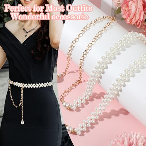 Jeffdad Pearl Waist Chain Belt for Women, White Skinny Pearls Belts with Gold Waist Chain, Pearl Body Chain Belt for Dress3