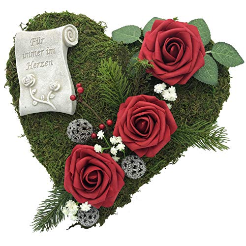 Radami Grabgesteck Grabschmuck Moosherz Grabherz Trauerherz Gesteck - Für Immer im Herzen - 30cm 3 Rosen rot … Cover
