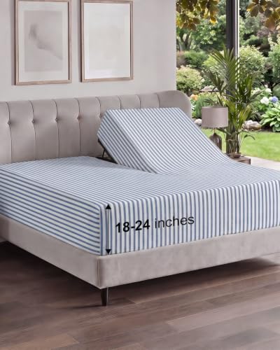 Image of Extra Deep Flex Top Split Head King Fitted Sheet - Hotel Luxury Single Fitted Sheet Only - Easily Fits 18 inch to 24 inch Mattress - Ultra Soft, Wrinkle Free w /Extra Deep Pockets - Blue Stripes 2