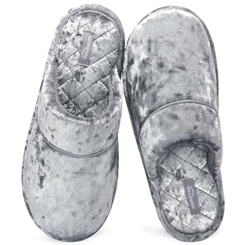 HomeTop Women's Luxury Diamond Velvet Memory Foam Scuff Slipper with Lightweight Rubber Sole