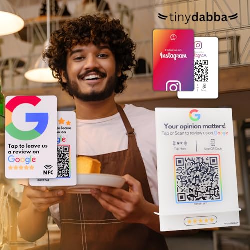 NFC & QR Combo KIT, 1 Review Card, 1 Instagram Card, 1 NFC Review Standee, 10 Review Stickers (2x3 Inch) - Total 13 item bundle by tinydabba - 6