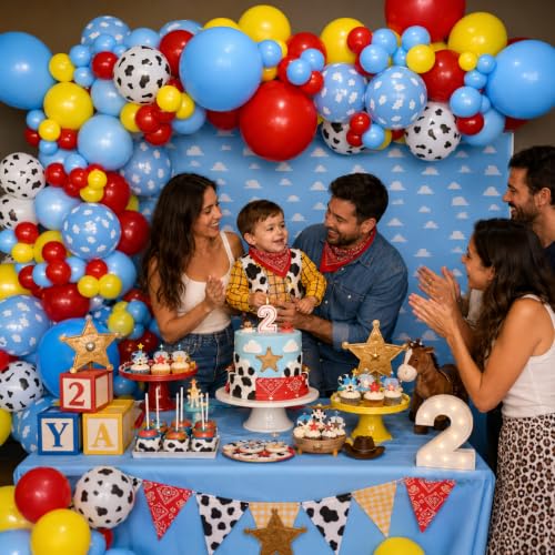 Image of HILAVO Toy Inspired Story Balloons, 12 Inch Cow Print Sky Blue Cloud Balloons Red Blue Yellow Green Balloons for Kids Boys Halloween Birthday Party Farm Themed Party Decorations