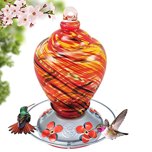 Grateful Gnome - Hummingbird Feeder - Hand Blown Glass - Red Tornado - 30 Fluid Ounce - Free Bonus Accessories S-Hook, Ant Moat, Brush and Hemp Rope Included