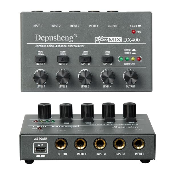 Mesa de Mezclas, Mezclador de línea de 4/6/8 canales de ruido ultrabajo Mini mezclador de sonido Fuente de alimentación DC5V Mezclador de fácil operación(DX400)