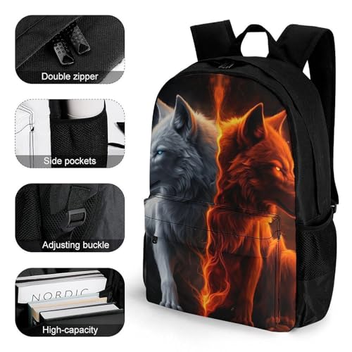 Supdreamc Ice And Fire Wolf Art Rucksack Polyester Anti-Theft Multipurpose Bookbag Big Capacity Travel and Sport Backpack Rucksack With Side Pockets3