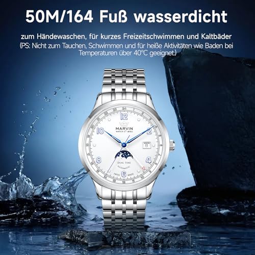 marvin-Automatikuhr-fuer-Herren-mit-GMT-Funktion-Schweizer-Uhrwerk-Mechanische-Luxusuhr-fuer-Herren-mit-Edelstahlarmband-Sonnen-und-Mondzifferblatt-Leuchtzeigern-und-Leuchtindexen-50-m-wasserdicht - Sparfuchs24.io - Preisvergleich & Top Angebote Online