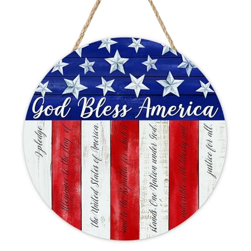 Bolisom 4th of July Patriotic Christian Front Door Sign, Religious God Bless America Stars Stripes Wood Plaque Hanger Outdoor Home Decor, American USA Farmhouse Wooden Wreath Wall Hanging Decoration
