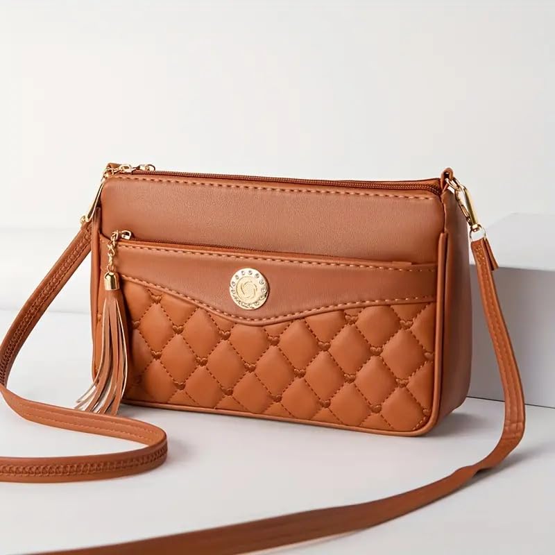 Image of SHAMRIZ Korean Style Quilted Sling Bag for Girls | Cute Heart Pattern Crossbody Purse with 3 Zipper Compartments | Fancy Tassel Side Bag for Party, Wedding & Gifts | Mini Slingbag /One Side Bag