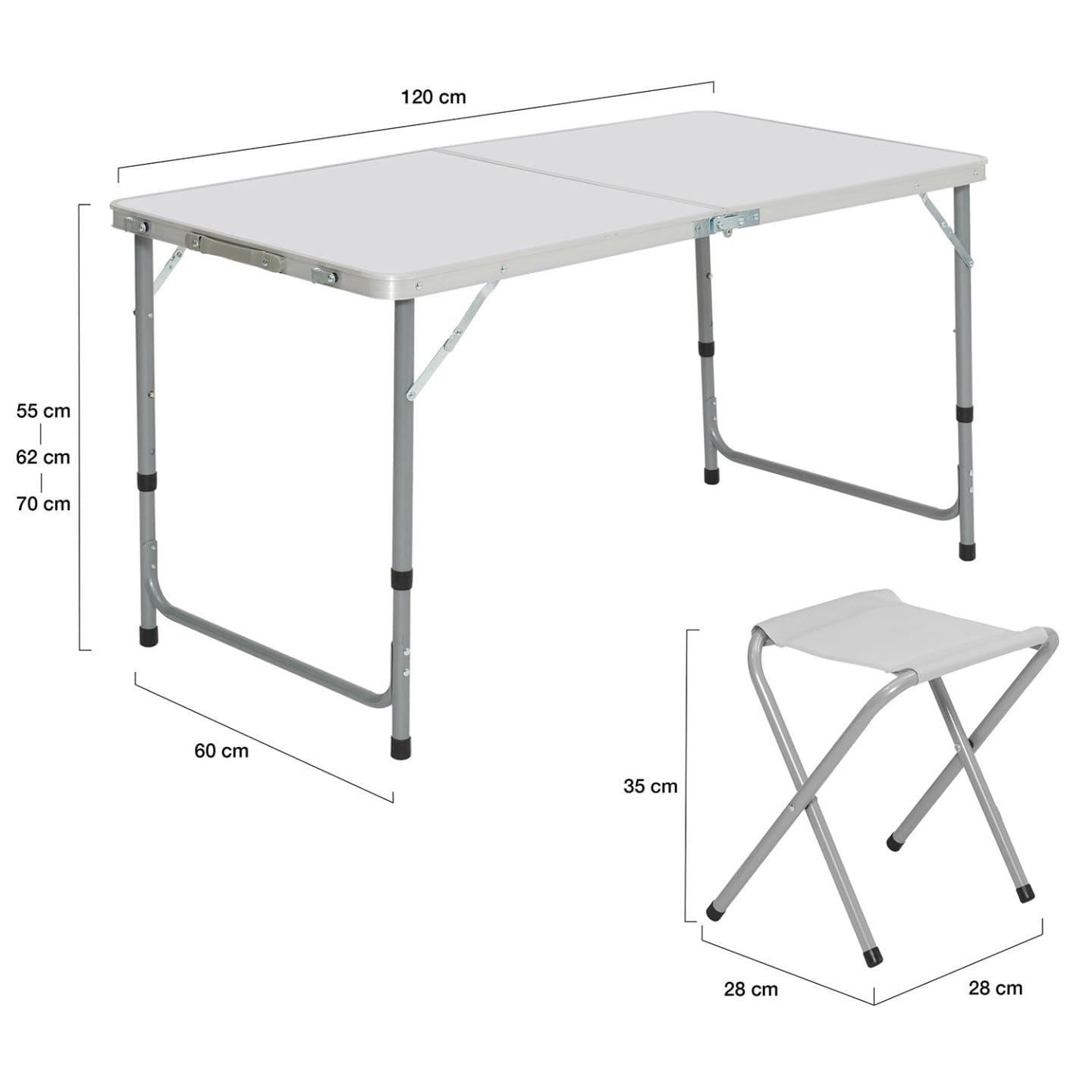 IDMarket - Table de Camping Pliante réglable en Hauteur 120 cm et 4 tabourets Blanc