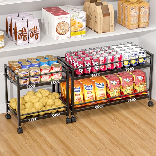 1 Pack 2-Tier Expandable Pantry Floor Organizer Cart Rolling Pantry Storage Cart with Wheel Adjustable Can Organizer for Kitchen Pantry Pantry Shelves and Storage Rack for Snacks Vegetables Black
