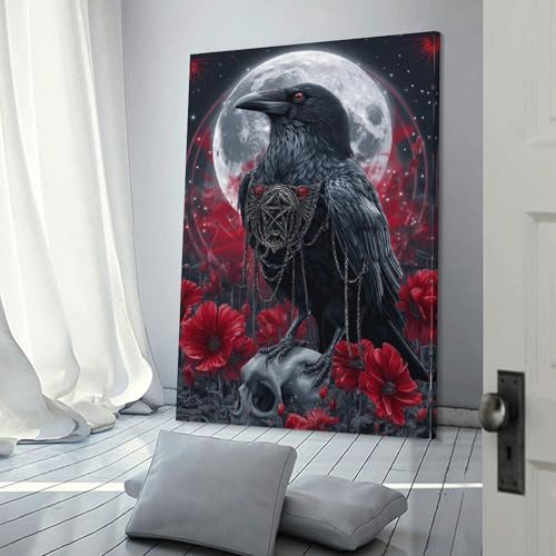 Tableau sur toile pour raviver une décoration de salle de bain rustique motif corbeau lunaire