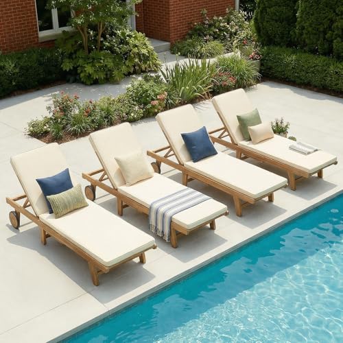 Patiorama Patio Acacia Wood Chaise Lounge Set of 4 Outdoor Folding Lounge Chair Recliner w/Adjustable Backrest Wheels Padded Cushion Portable Sun Lounger Pool Chair for Deck FSC Certified Cream