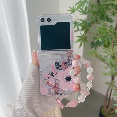 Coque Samsung Galaxy Z Flip 5 4 3 transparente rigide antichoc avec bracelet hortensia