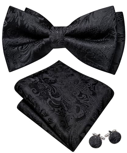 Image of Barry.Wang Paisley Striped Bow Tie for Men Silk Pre-Tied Bowtie Pocket Square Cufflinks Set Formal Wedding Party Prom