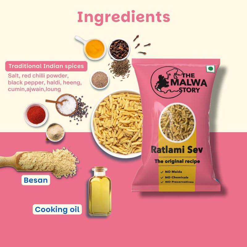 Image of The Malwa Story Original Ratlami Sev - 200gm (Pack Of 1) | Cooked & Packed in Ujjain | Special Madhya Pradesh Authentic Sev Namkeen With No Maida | Spicy & Crunchy | For Poha & Tea Time Snacking