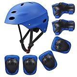 Kinder Sport-Schutzausrüstung von KUYOU, 7PCS Knieschoner Ellenbogenschoner Handgelenkschutz Helm Schutzset zum Draußen Rollschuhlaufen Inline Skates Skateboarding Radfahren (blau)