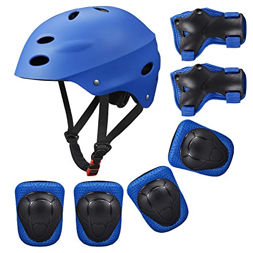 Casco Rodilleras y Coderas Para Niños Protecciones Skate Patines SKL Casco Tamaño Ajustable Deportivos BMX Bicicleta, Monopatín (Azul)