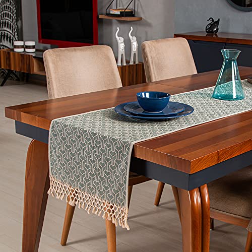 Boho Table Runner 72 Inches Long Beautiful Rustic Farmhouse Style. Traditionally Woven With 100% Cotton, Original Pattern, Knotted Tassels, Special 2-Sided In 9 Favorite Colors (Sand/Emerald) #TOP6
