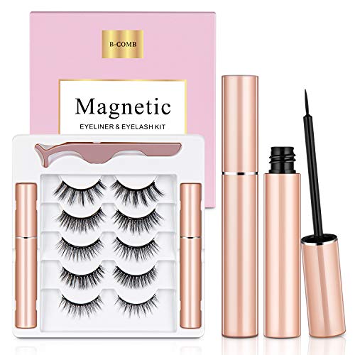 Magnetic Eyelashes with Eyeliner, B-COMB Magnetic Eyelashes and Eyeliner Kit, 5 Pairs Upgraded Reusable Magnetic Lashes Natural Look, No Glue Needed